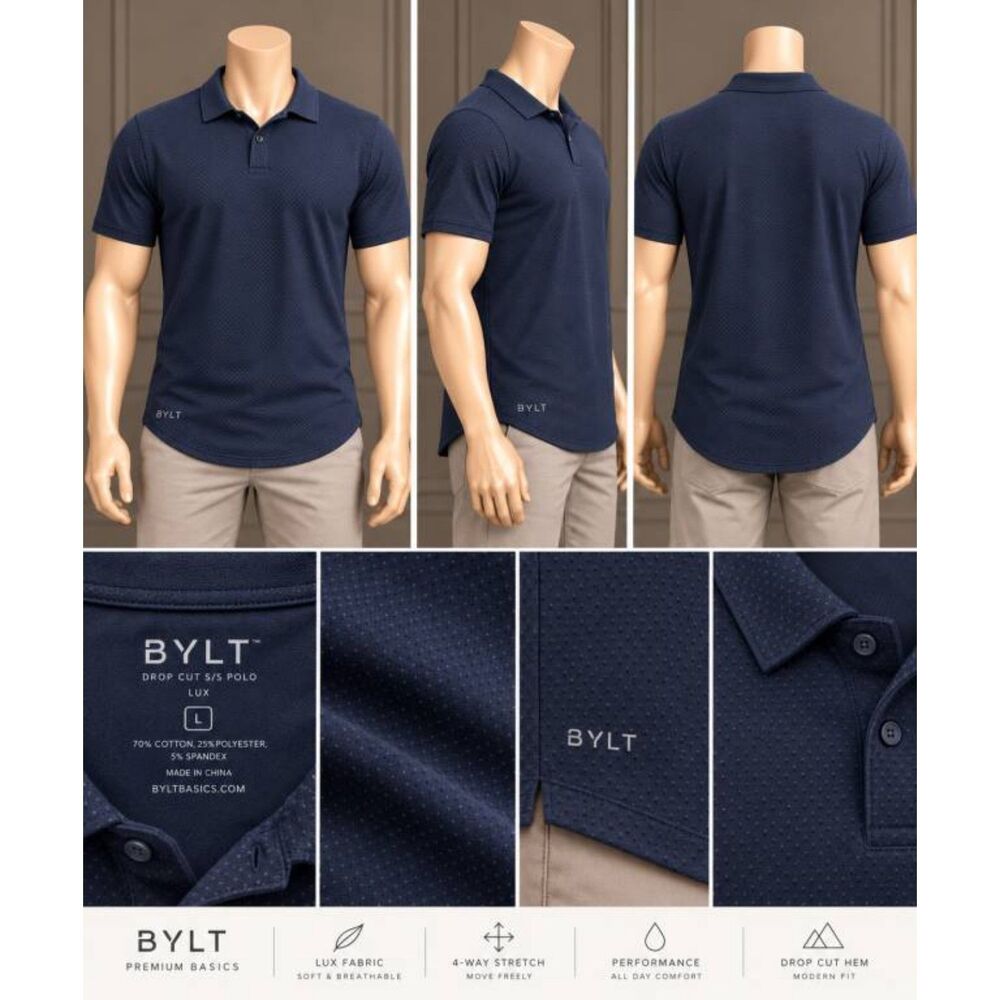 BYLT Men's Large Navy Drop Cut Lux Polo Short Sleeve Performance Shirt